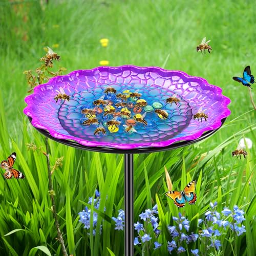 Bee Butterflies Watering Station, Standing Bee Feeder with Glass Marbles for Outside, Bee Bath Feeder with Metal Stakes Butterfly Puddler Garden Yard Déco (Purple) - color: Purple