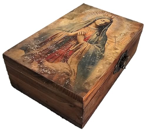 RK Collections Our Lady of Guadalupe Virgin Mother Mary Rosary Box. Vintage Woodem Prayer Box for Religious Gift. Trinket case Holder (6.5 x 4.25 x 2.25 inches) - style: Mother Mary/Lady of Guadalupe