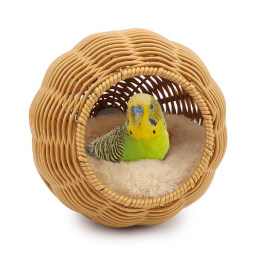 Hypeety Rattan Steel Frame Bird Nest for Cage Chewproof Bed with Cushion | Sturdy, natural rattan, removable soft plush pad, washable bird hammock, fits most cages, suitable for budgies/lovebirds