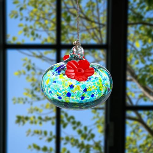 Glass Bird Feeder with Flower Decoration – Hanging Outdoor Bird Feeder for Garden, Patio,Backyard(Blue) - color: Blue
