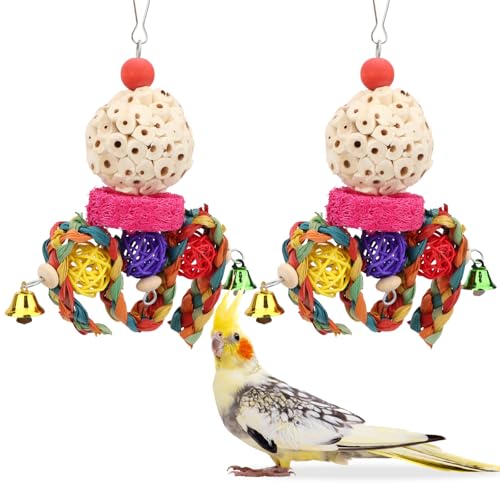 Wontee Bird Toys 3 Pack Parrot Foraging Hanging Toys Sola Ball Natural Nuts Chew Toys for Cockatiels Conures Parakeets Budgies Senegal (2 Pack-Colorful) - size: 2 Pack-colorful
