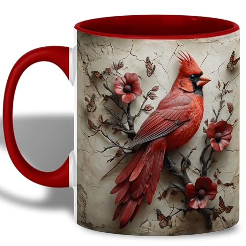 Cardinal Bird Coffee Mug, 11oz Ceramic Red with Songbird and Flower Design, Gift for Women, Nature Lovers, Birthdays, Tea, Coffee, Hot Chocolate Lovers, Artistic and Elegant (Red Cardinal Bird) - color: Cardinal Bird