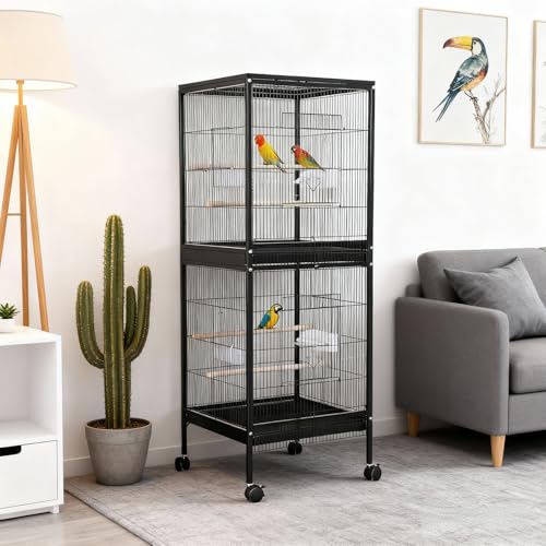 Heavy Duty 56" Wrought Iron Bird Cage with Rolling Stand – Double Stackable Play Top – Pull-Out Trays, Wooden Perches, Food Bowls – Spacious and Durable for Parakeets, Cockatiels, Conures, Lovebirds,