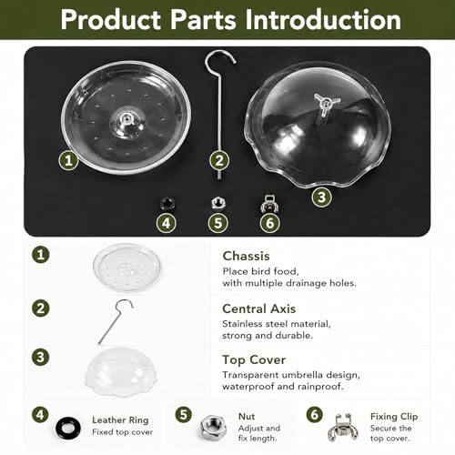 Hanging Platform Bird Feeder with Rain Shield Outdoor Feeder with Detachable Tray and 6.7” Clear Dome Rodent-Resistant Wild for Backyard, Garden, Balcony