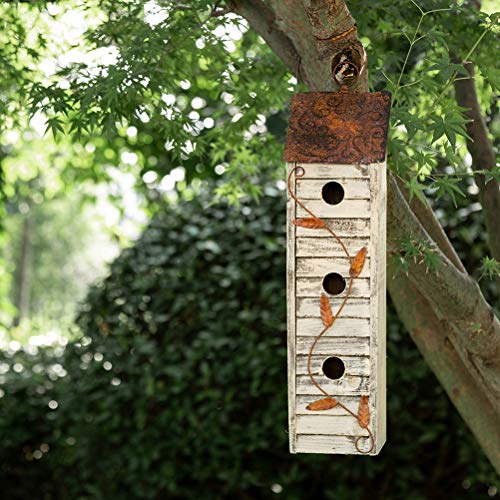 Glitzhome 18" H Wooden Bird House, Hanging Birdhouses for Outdoors, Washed White Distressed Three-Story Cottage Garden Bird House for Chickadee Cedar Wren Sparrow Finch Cardinal - color: 18"H