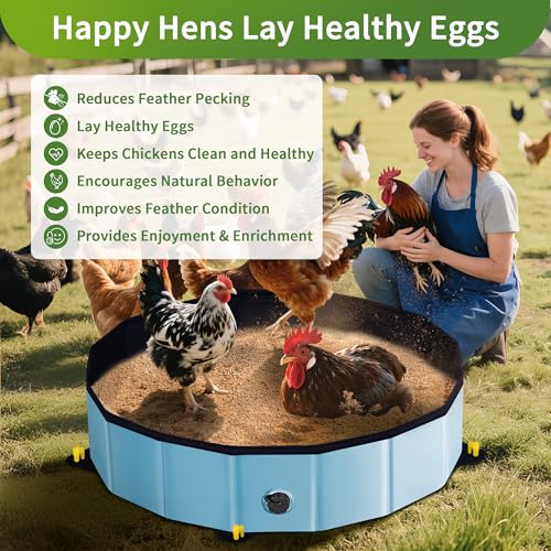 Chicken Dust Bath Tub - 32"D & 8"H Foldable Chicken Coop Accessories to Mix Sand Chilli DE Or Lime Dust in Chicken House, Keep Poultry Hens, Rooster, Button Quail Healthy & Clean, Double as Duck Pool