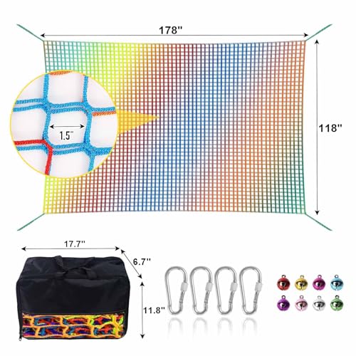 Climbing Net for Kids - 14.8FT x 9.9FT Double Layers Heavy Duty Playground Safety Net, Climbing Cargo Net for Tree House Tree Fort, Back Yard, Jungle Gyms, Monkey Bar Security Mesh（Rainbow） - color: Rainbow, size: 14.8' x 9.9'