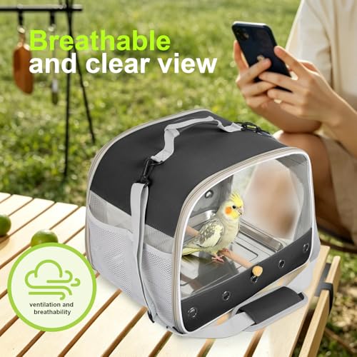Bird Travel Carrier Cage for Medium Parrot, Portable Bag with Metal Tray to Carry and Transport Medium and Large Birds Like African Grey, Long Tail Cockatiel (Black, Large Carrier) - color: Black