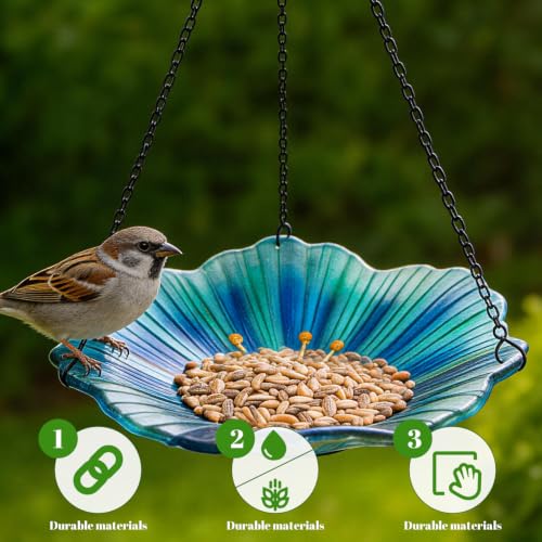 Bird Baths for Outdoors, Glass Birdbaths Outdoor Birdfeeder with Metal Stake (Light Blue with Hanging) - color: Navy Blue with Hanging
