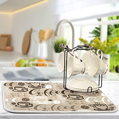 Brown Coffee Dish Drying Mat - 16 x 18 Inch Reversible Microfiber Kitchen Mat with High Absorbency - color: coffee theme, size: 16" x 18"