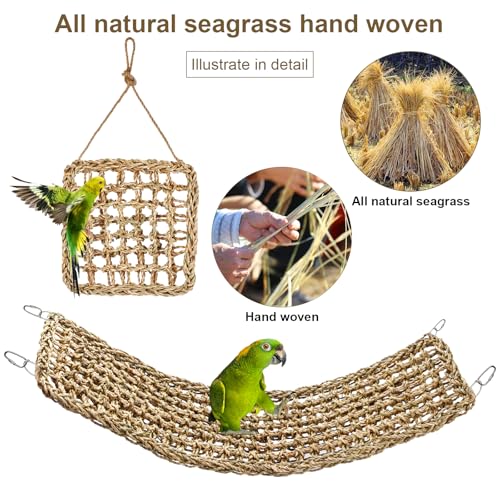 2Pcs Natural Sea Grass Parrot Mat - Foraging Chew Wall Toy with Climbing Rope & Hook, Hanging Play Pad for Lovebirds/Cockatoos/Budgerigars/Conures/Pigeons | 2 Sizes29.53x6.89 &7.48x7.48 Inches