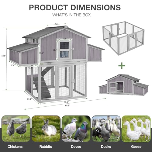 Large Chicken Coop for 6-8 Chickens, Double Folding Wooden Chicken House with 2 Nesting Boxes, Reinforced Iron Frame, Pull-Out Tray & Waterproof Roof, Outdoor Poultry Cage - color: Grey (AIR66)