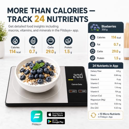 Smart Nutrition Food Scale with App - 1g Precision Digital Kitchen Scale, Tracks Calories & 24 Nutrients, Macros, Fat & Protein for Keto, Fitness & Meal Prep, 11lb/5kg with Tare Function