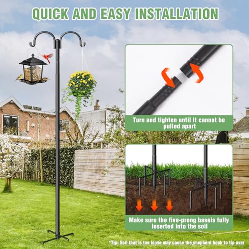 Double Shepherds Hooks for Outdoor, Heavy Duty Bird Feeder Pole with 5-Prong Base - Rust-Proof, Adjustable Bird Feeder Hanger for Garden, Wedding Decor & Hanging Plants - size: 108 Inch