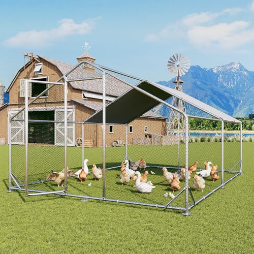 Aoxun Metal Chicken Coop, Outdoor Chicken Runs for Yard with Cover, Spire Roof Hen House Enclosure with Security Lock, Walk-in Cage Peak Hen House for Yard Farm (10x13x6.4 FT) - size: 156.0"L x 120.0"W x 76.8"H