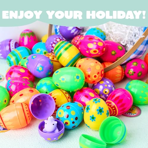 JOYIN 100 Pcs Plastic Printed Bright Easter Eggs 2.3" Tall for Easter Hunt, Basket Stuffers Fillers, Classroom Prize Supplies, Filling Treats and Party Favor