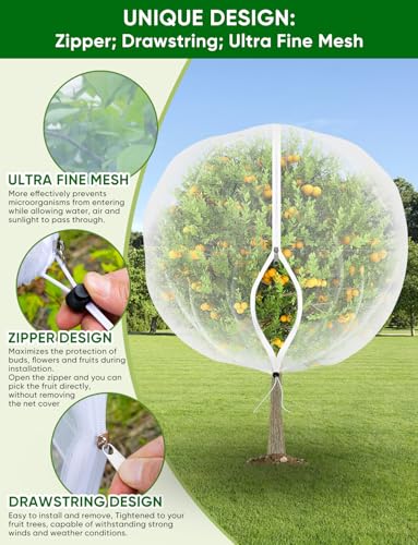 Fruit Tree Netting with Zipper - 4Pcs 5.3 x 8 FT Garden Bird Netting for Blueberry Bushes with Drawstring,Insect Plant Protection Mesh Net Bags for Tomato,Flowers,Animals,Cherry (4, 5.3 x 8 FT) - size: 5.3 x 8 FT