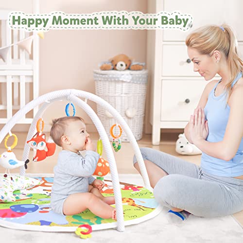 Baby Play Gym, ibabejoy Activity Play Mat for Newborn to Toddler, Stage-Based Sensory & Motor Skills Development, 7in 1 Non Slip Language Discovery Platmats with Teether