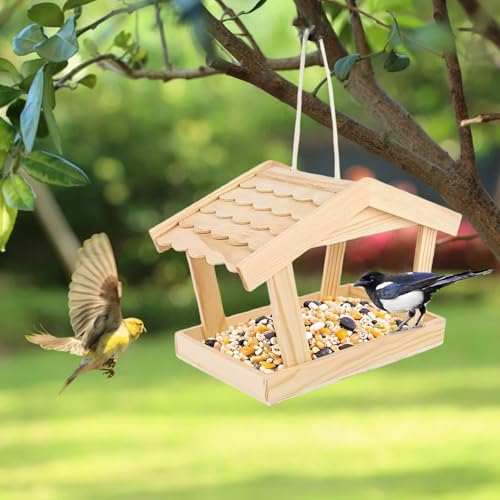 Bird Feeders House, 10x6.3x7.8 Inch Wooden Wild Bird Feeders for Cardinals Finches Bluebird Mealworm, Platform Bird House Feeder for Garden Yard Outside Hanging, Unfinished Wood