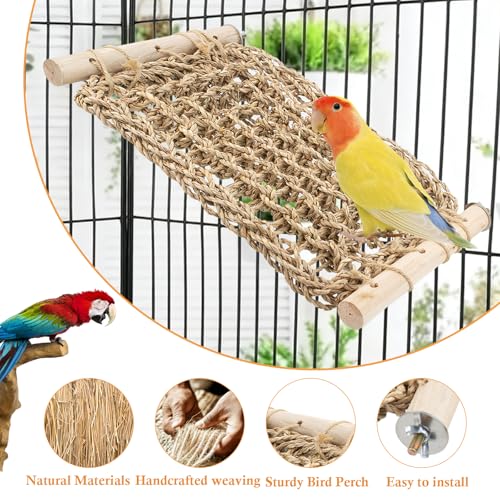 Bird Seagrass Mat Cage Ladder Perch Natural Chewing Toy | Parrot Ladder Bridge Exercise Stands, Hand-Woven Net Hammock, Cage Accessories for Lovebird Budgie Parakeet