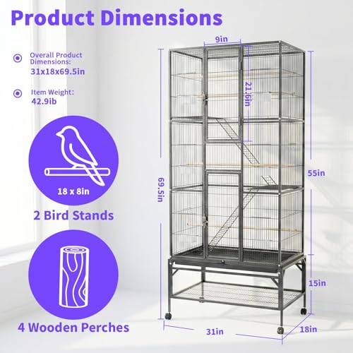 31L x 18W x 69.5H Inch Parrot Cage Included 6 Stainless Steel Cups Pull-Out Cleaning Tray for Conures Senegal Parrots