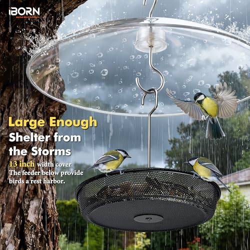iBorn Hanging Bird Feeder Tray & Rainroof Cover, Bird Feeder Bowl with 13”Bird Feeder Cover for Rain Guard, Chew-Proof Polycarbonate & Thick Metal Hanger, Easy to Refill & Clean, Transparent & Black - size: Bird Feeder Tray+Rainroof Cover
