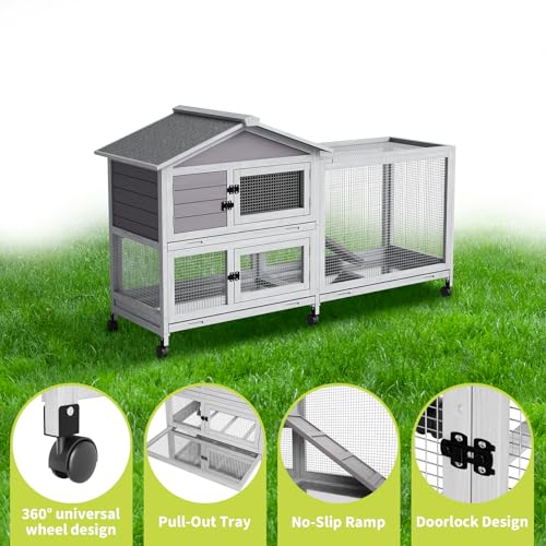 2-Story Wooden Rabbit Hutch & Chicken Coop with Wheels, Indoor/Outdoor Bunny Cage with Waterproof Roof, Removable Cleaning Tray & Access Ramp for Chicken, Rabbit - size: 63.2 inch