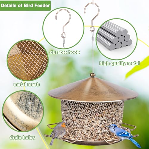 Bird Feeder for Outdoor Metal Hanging 9.8" Roof 4.5 LBs Capacity | Heavy Duty, Waterproof, Weatherproof, Rustproof, Chew Proof, 4 Feeding Ports and 4 Extra Perches, Easy to Clean & Refill