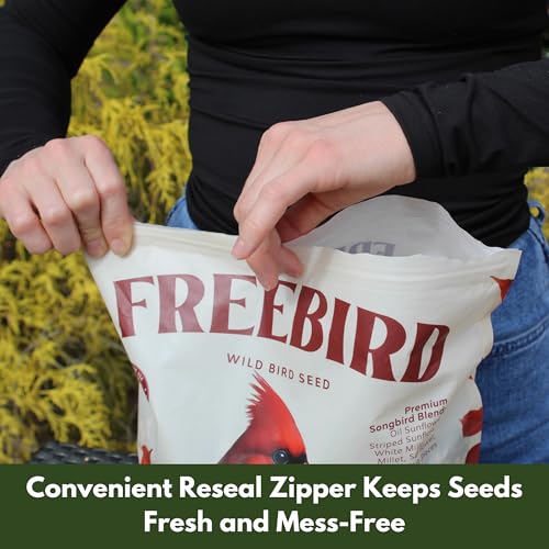 Freebird Premium Songbird Blend Wild Bird Seed for Outdoor Feeders - 5 lb | Premium bird food with black oil sunflower, safflower, millet and peanut pieces. Attracts cardinals, finches and chickadees.