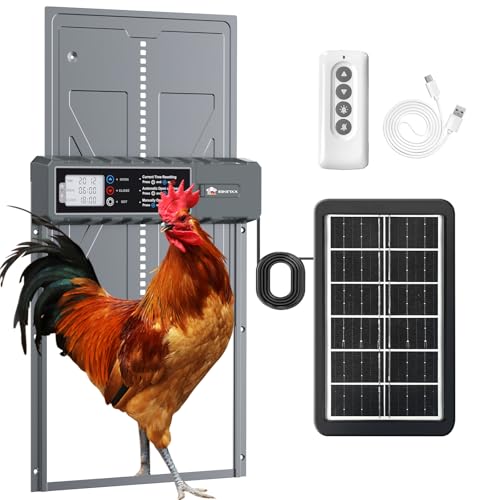 Automatic Chicken Coop Door Solar Powered with Timer, Remote Control, Manual Mode, Anti-Pitch Aluminum Alloy Auto Chicken House Door for Chicken, Duck, Poultry, Weatherproof, Blue