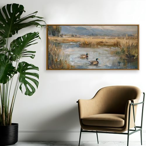 QTUSYUR Mallard Duck Pond Wall Art - Large Farmed Vintage Countryside Art Print -Wildlife Canvas Artwork for Farmhouse Cabin Bird Hunter- Rustic Lake Wild Ducks Wall Picture for Home Decor 20×40 IN - style: Mallard Duck