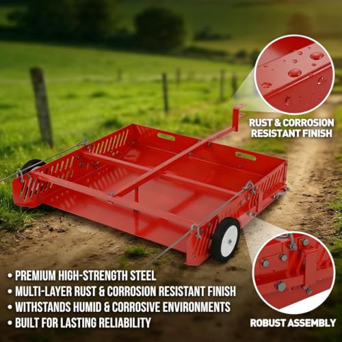 2-in-1 Horse Manure Scooper, Tow Behind Yard Sweeper for ATV UTV | 2-in-1 manure scooper and tow-behind trailer with dual hitch options for paddocks, fields, lawns, and longer grass.