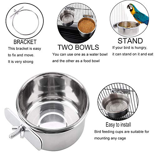 PINVNBY Parrot Feeding Cups Birds Food Dish Stainless Steel Parrot Feeders Water Cage Bowls with Clamp Holder for Cockatiel Conure Budgies Parakeet Parrot Macaw Small Animal Chinchilla Pack of 2