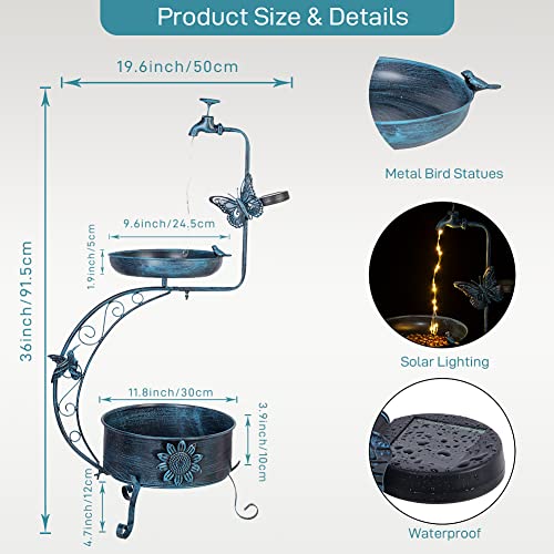 VEWOGARDEN Vintage Solar Bird Bath for Outside Garden with Planter, Outdoor Metal Standing Birdbath for Garden Yard Patio Decoration, Blue - color: Blue