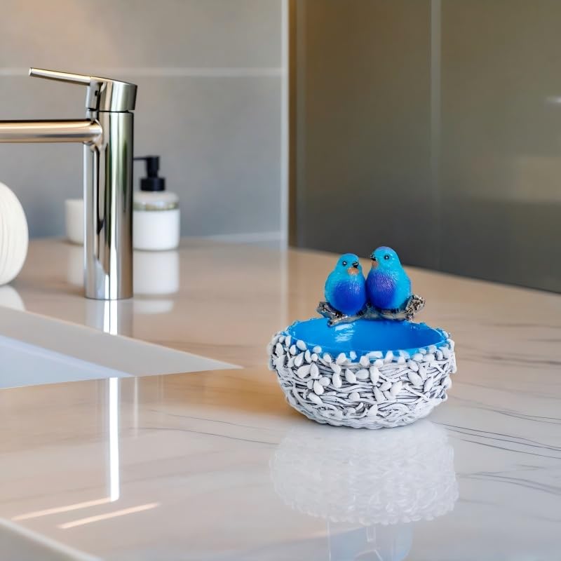 Robin Nest Resin Storage Statue - Desktop Bowl with Tray for Jewelry, Rings, Keys - Rustic Farmhouse Bird Figurine for Home Decor, Coffee Table Decor - Birthday Housewarming Gifts - color: Blue
