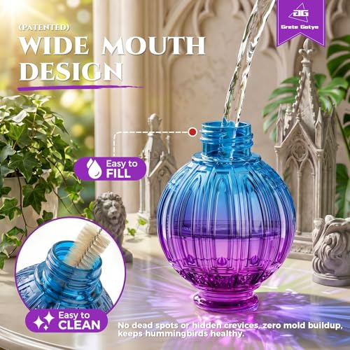 Glass Hummingbird Feeder for Outdoors Hanging, 26 fl oz Bird Nectar Feeder | 5 Metal Flower Feeding Ports, 360° Perch Ring, Easy Refill Clean, Leakproof, Ideal for Backyard Garden Decor, Purple & Blue - color: Purple-Blue Gradient