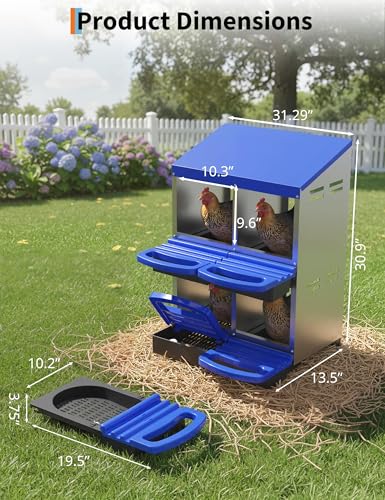 GarveeLife Chicken Nesting Box 4 Hole, Galvanized Steel Nest with Roll Away Egg Collection & Swing Perch, Easy-Clean Laying Box for Hens, Heavy Duty Design for Chicken Coop - color: Blue, size: 4 holes 2 layers