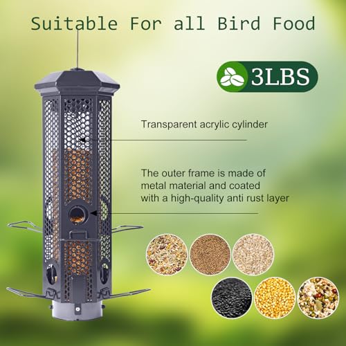 Squirrel Proof Bird Feeders with Removable Base, Metal Wild Bird Feeder for Outdoors Hanging, 6 Weight-Activated Ports Perches, 3LB Seed Capacity(Gray) - color: Gray