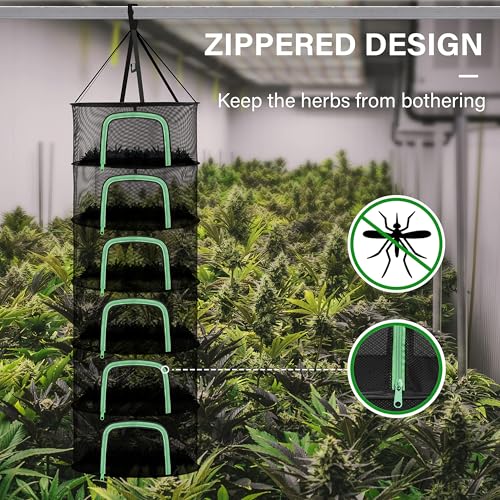 iPower Herb Drying Rack 6-Layer 2-Feet Hanging Mesh Net Dryer Collapsible with U-Shape Zippers, Pothook, Carabiner and Storage Pouch, for Hydroponics Flowers, Buds, Fruits, Seafoods, Clothes, New - size: 6-Layer, style: Black U-Zippered New