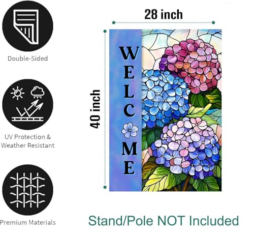 Hydrangea Spring Summer House Flag 28 x 40 Double Sided for Outside Stained Glass Flower Garden Decor Blue Floral Welcome Outdoor Yard Banner - color: hydrangea