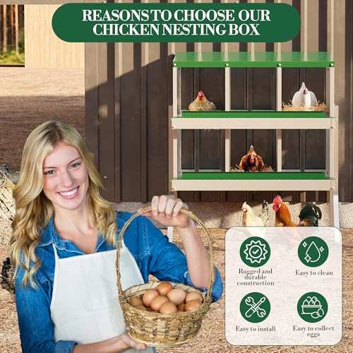 Galvanized Steel Chicken Nesting Box 6 Grids, Metal Egg Laying Boxes for Hens with Hinged Lid and Ventilated Design, Easy Clean Poultry Nest Box for Chicken Coop Accessories, Green, with Legs - color: Green, size: 6 Holes with Legs