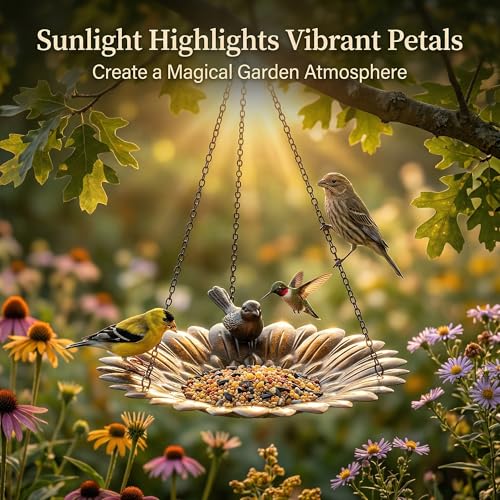 Topadorn Hanging Bird Feeder Tray, Sunflower Platform Feeder for Outside | Outdoor Bird Feeder Tray for Wild Birds, Metal Seed and Water Dish with Hanging Chains and S-Hook for Garden and Patio