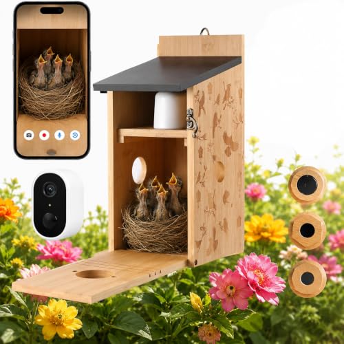 Smart Bird House with Camera, Wooden Birdhouse for Outdoor Bird Watching, App Live View, Color Night Vision, Motion Detection, 2-Way Audio, Waterproof Backyard Bird Nesting Box - color: Woodland Oak, size: Wired Edition