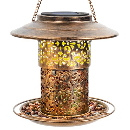 DY-SKTY Metal Bird Feeder for Outdoor Hanging, Large Capacity Solar light Wild Bird Feeder with Drainage Holes,Landing Ring, Solar Lanterns for Garden Decoration, Unique Bird Watching Gift for Outside
