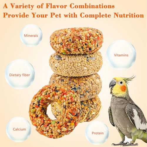 Fhiny 8 PCS Parakeet Treats, Donut Shaped Natural Grain Cockatiel Food with Fruits Vegetables Flowers and Herbs Bird Chew Toys for Parrot Conure Lovebird Training Rewards and Beak Grinding
