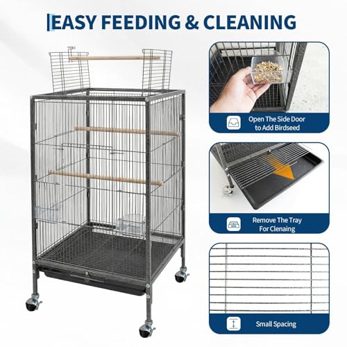 35" h Metal Bird Cage,Large Bird Cage with Play Open Top, Rolling Flight Cage Rolling for Parakeets, Canaries, Lovebirds, Small Quaker, Cockatiels, Budgies
