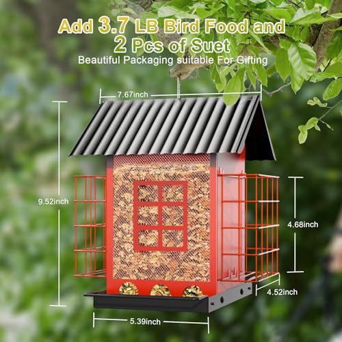 FlowaFoli Bird Feeders for Outdoors Hanging, Metal Bird Feeder with Double Suet Cage Cake, Large Capacity, Birdfeeders Sturdy & Weatherproof, Easy to Clean & Refill, Great for Attracting Wild Birds - color: Red