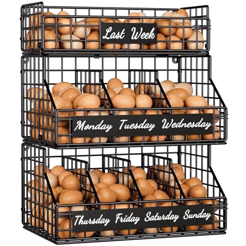 Egg Holder Countertop with Dividers & Labels, 3 Tier Stackable Chicken Egg Holder Egg Baskets for Gathering Fresh Eggs, Egg Organizer for Egg Storage, Wall-Mounted, Black - color: Black, size: 3-Tier（with printed labels）