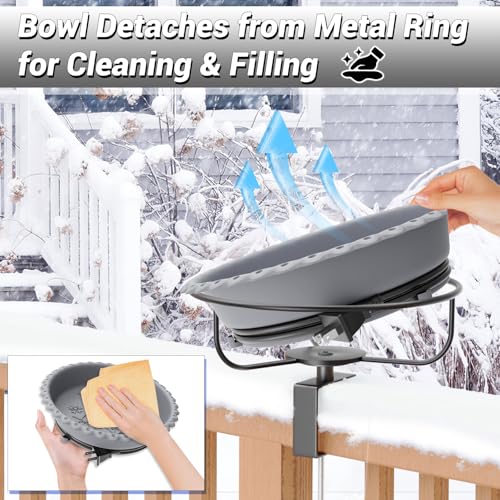 Heated Bird Bath for Outdoors,Deck Railing Heated BirdBaths,Grey | Upgraded 100W,Thermostatically Controlled,Adjustable Clamp 3.2",Easy Clean/Install,Detachable Bowl,Garden Yard Patio Lawn - color: Gray