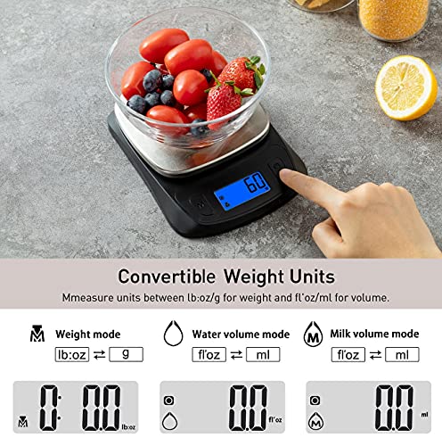Kitchen Scales Digital Food Scale Cooking in Grams & Ounces Black | Stainless Steel, Max 11lb 1g Increment, Backlit LCD Screen, Baking Food Weight Scale for Sourdough Bread, Include Battery - color: Black
